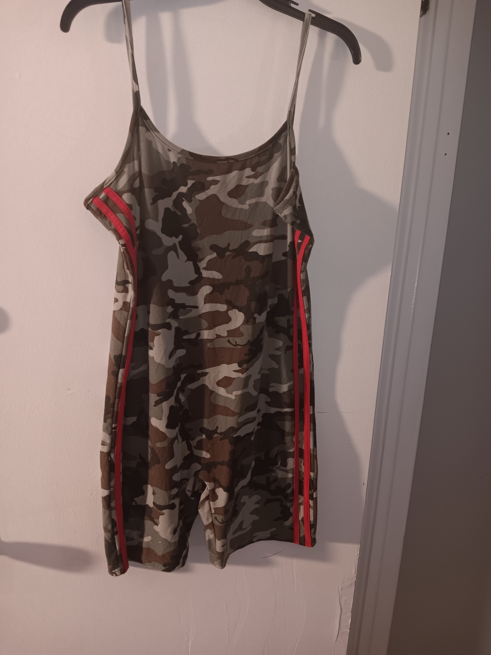 Camo Spaghetti Strap Romper with Red Side Stripes